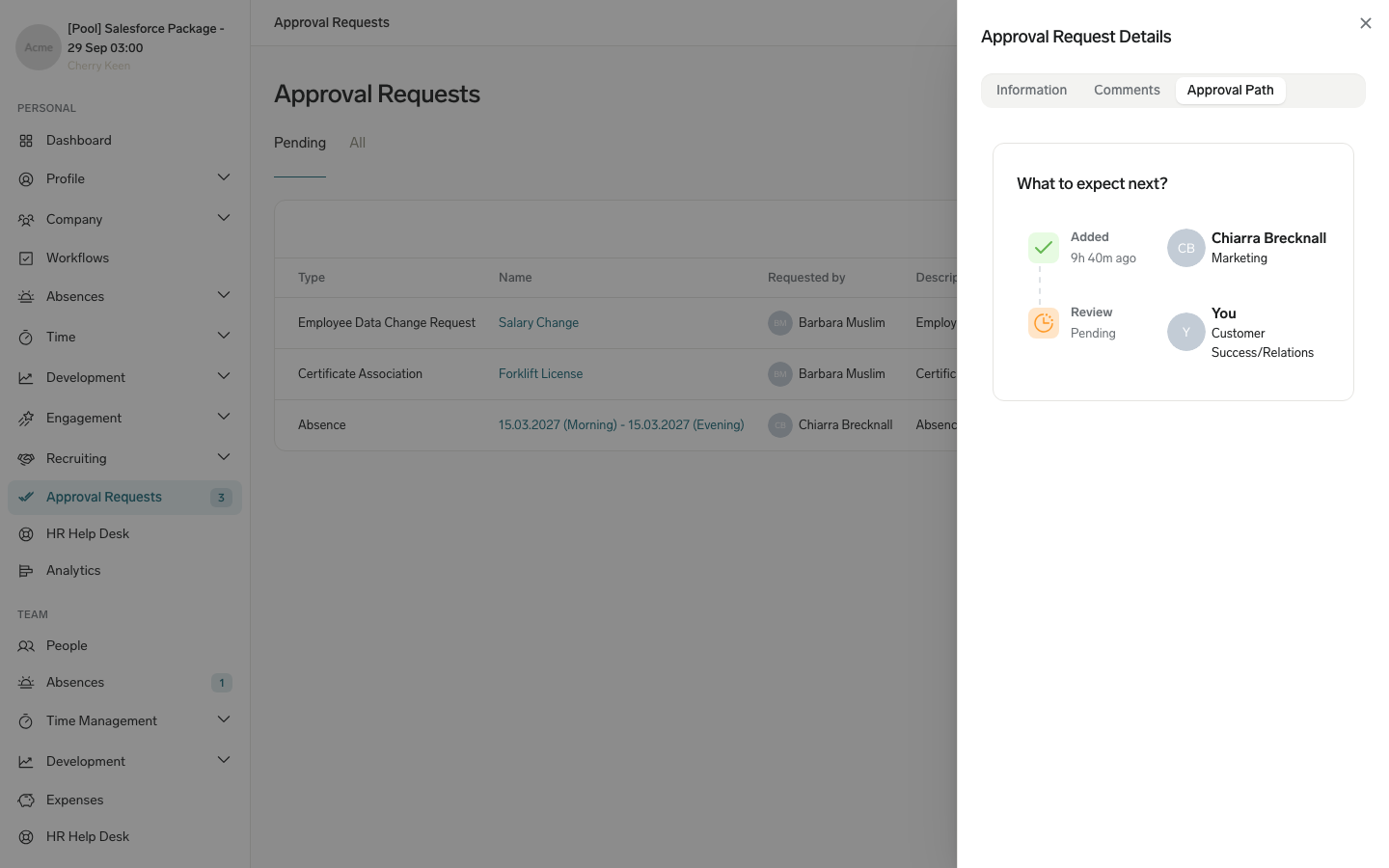 The Approval Path tab of an approval request in the Employee Hub showing the requester and the pending review