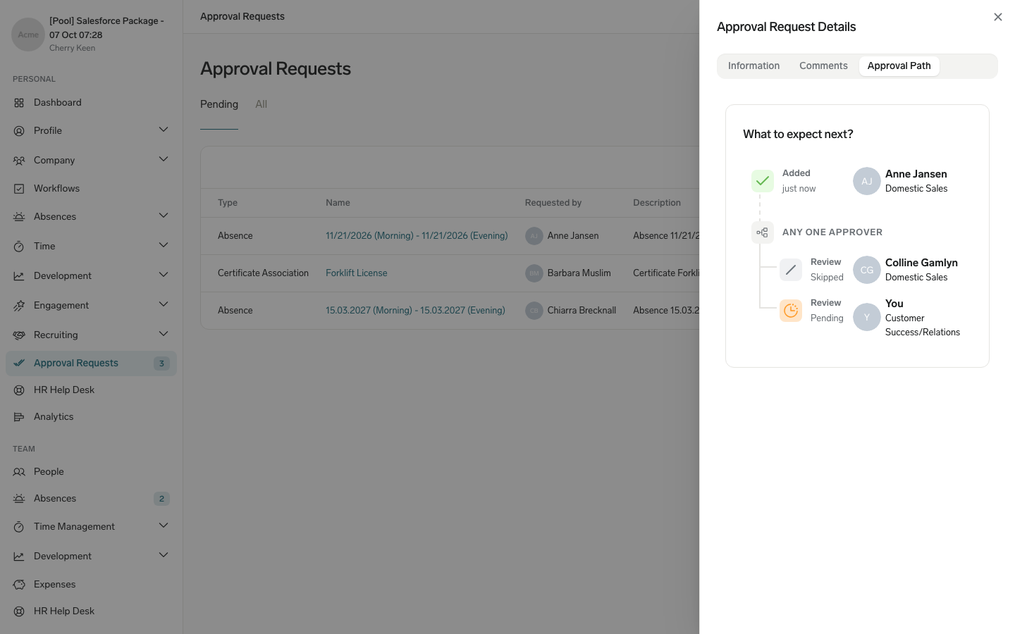The Approval Path tab after a manager change, showing the new manager's review as Pending and the previous manager's review as Skipped