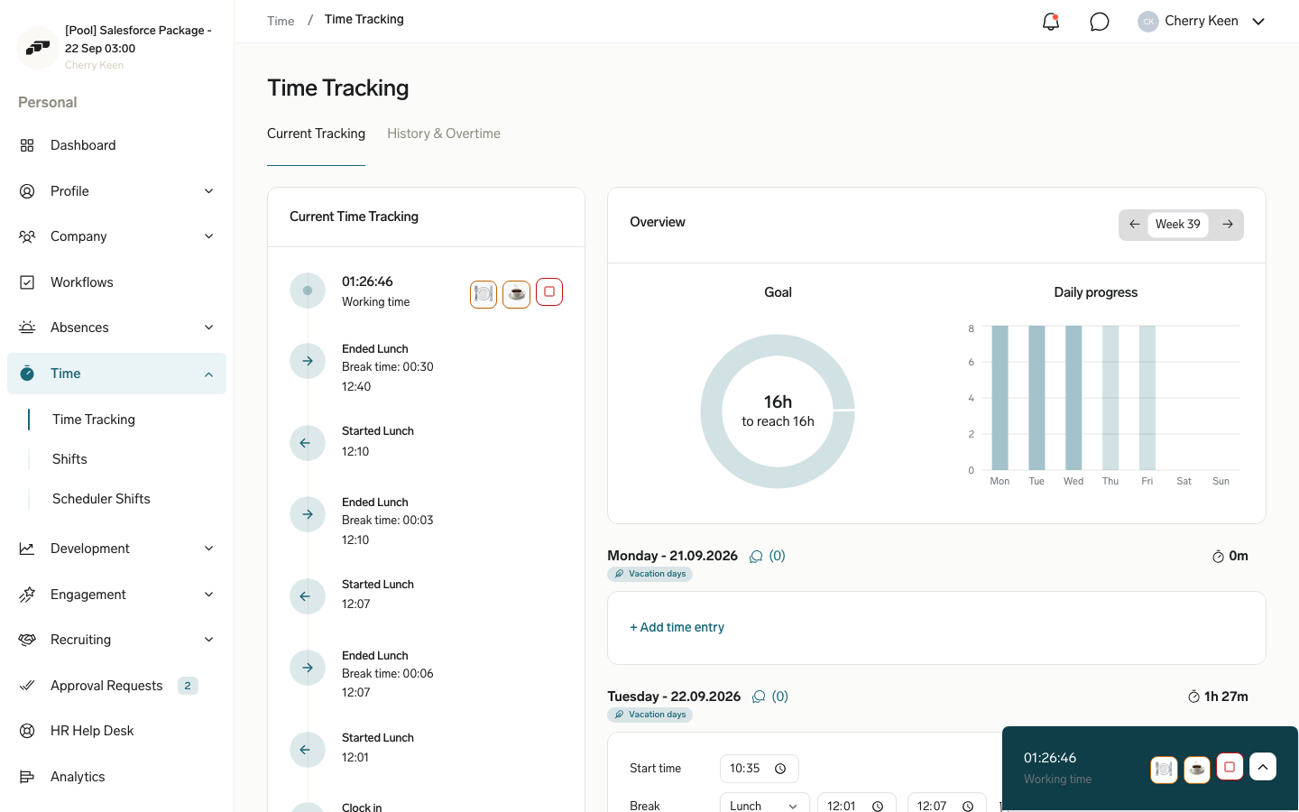 Break-type buttons next to the Clock Out button on an active Employee Hub time entry