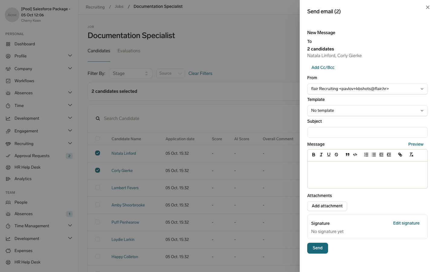 The Send email panel in the Employee Hub for two selected candidates