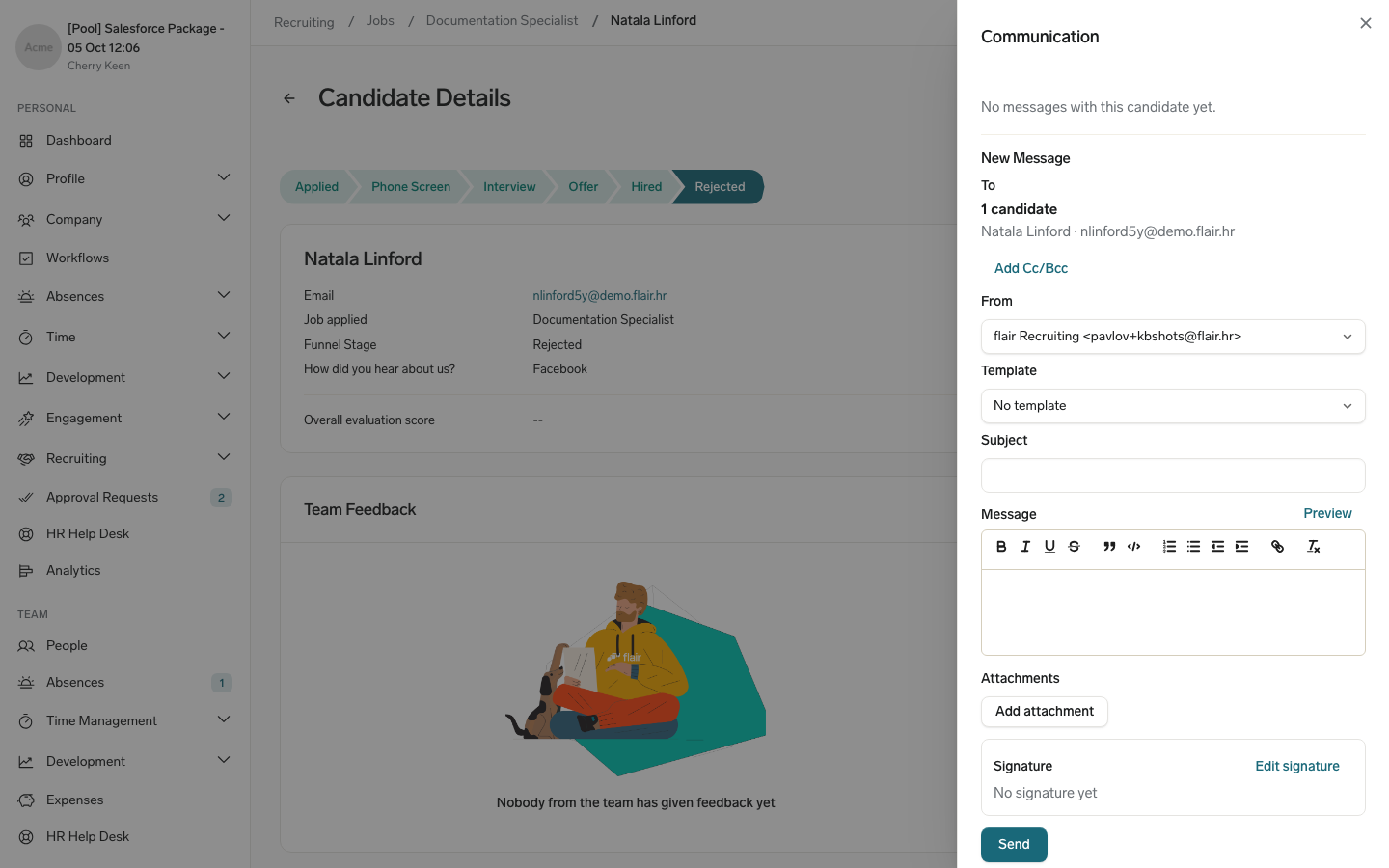 The Communication panel on a candidate page in the Employee Hub with the email composer