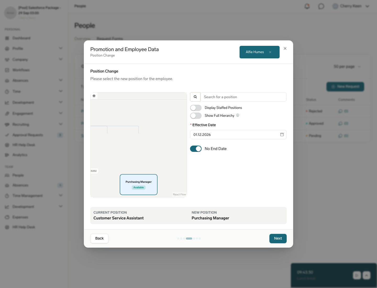 The Position Change step of a change request in the Employee Hub with the position hierarchy, search, and switches