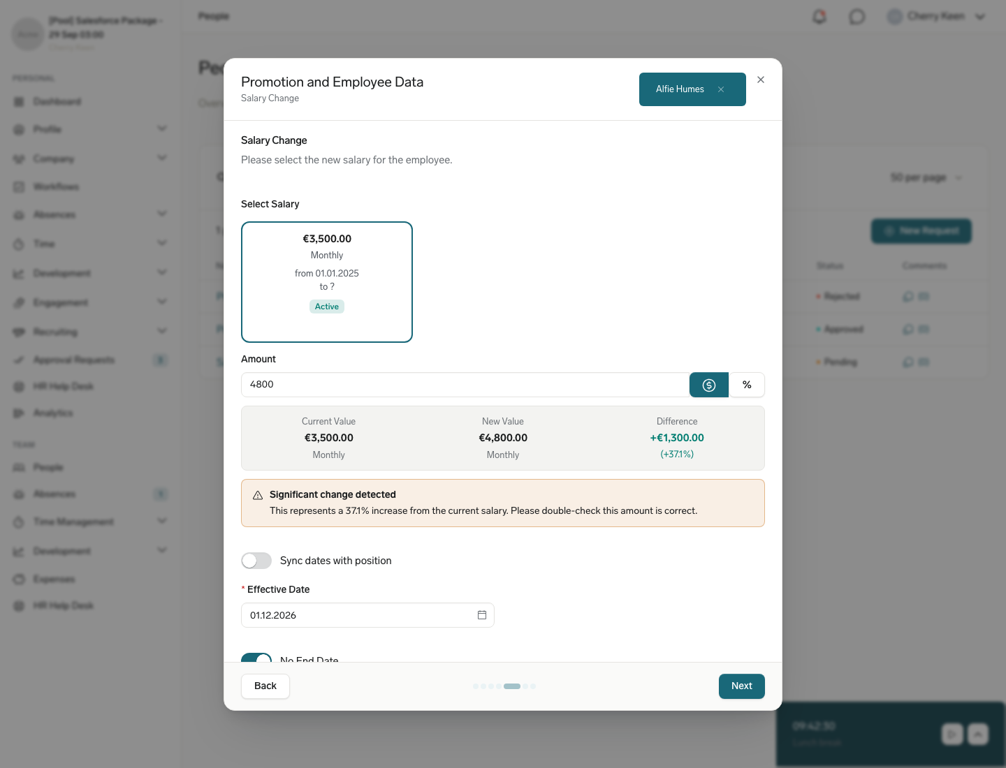 The Salary Change step of a change request in the Employee Hub with the selected salary, new amount, comparison, and Significant change detected warning