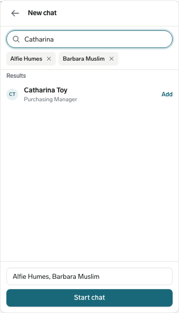 The New chat view with two selected colleagues, a colleague search result, and the optional group name field