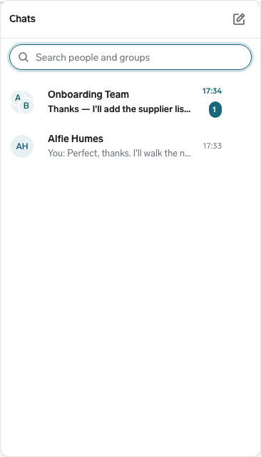 The Chats panel in the Employee Hub, with the conversation search box above a group chat and a direct chat