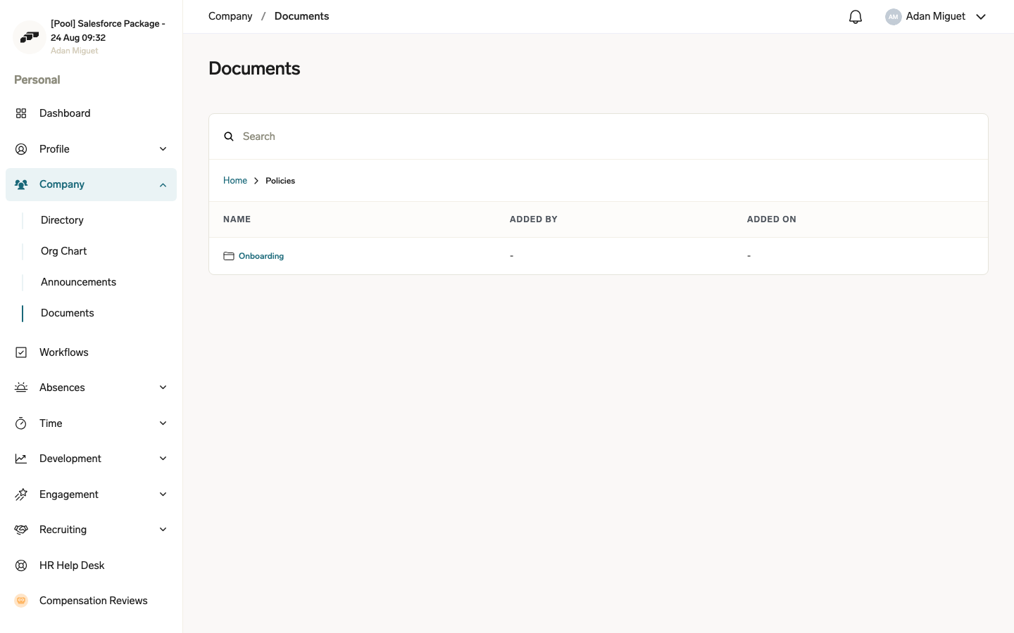 Company > Documents in the Employee Hub with the Policies folder open and the breadcrumb trail showing Home > Policies