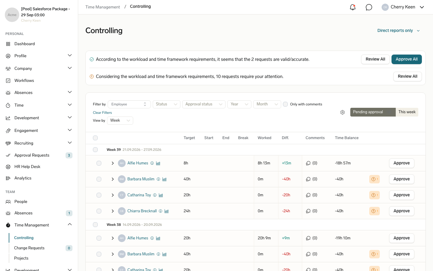 Pending timesheets in Time Management Controlling in the Employee Hub with the accurate and attention-required summary