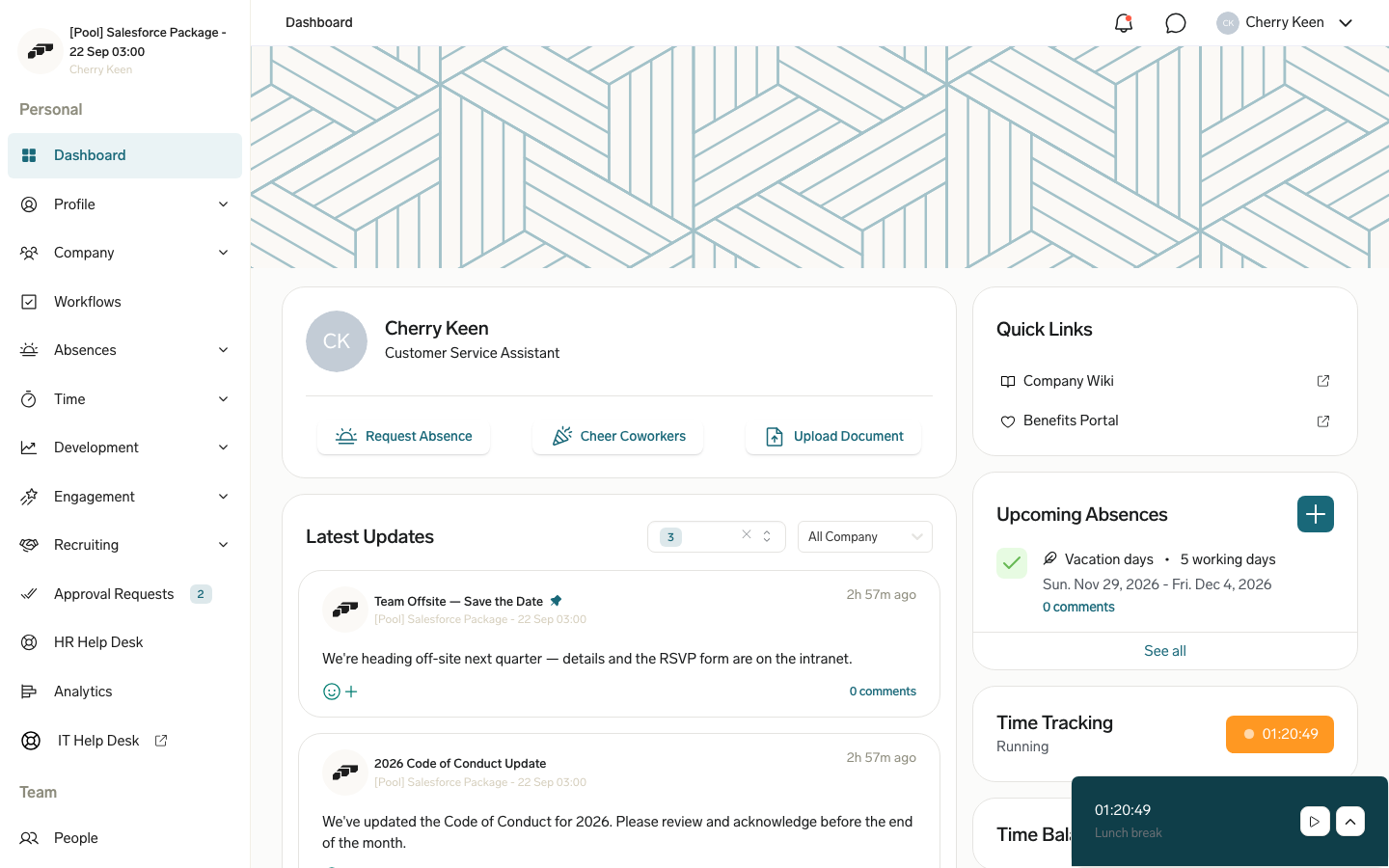 Employee Hub dashboard with a custom sidebar link and the Quick Links card