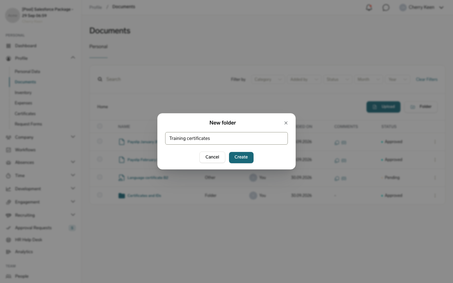 The New folder dialog on the Employee Hub Documents page with a folder name entered and the Create button