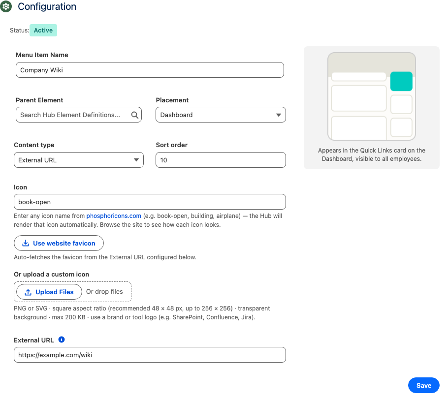 Configuration tab of a Hub Element Definition with Placement, Content Type, Icon, External URL, and the placement preview