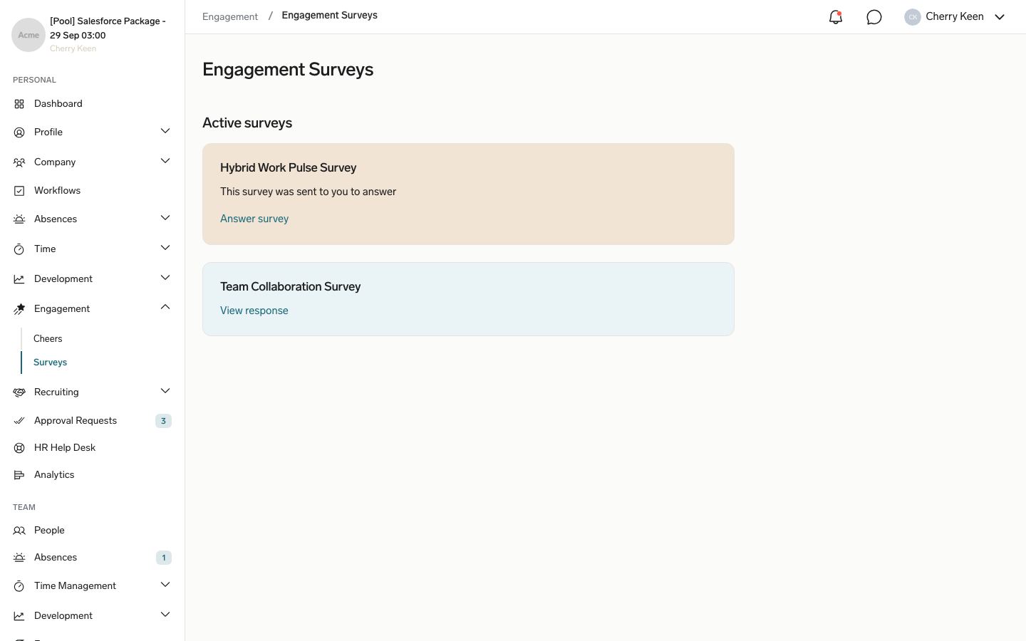 Engagement Surveys in the Employee Hub with an active survey to answer and a submitted survey