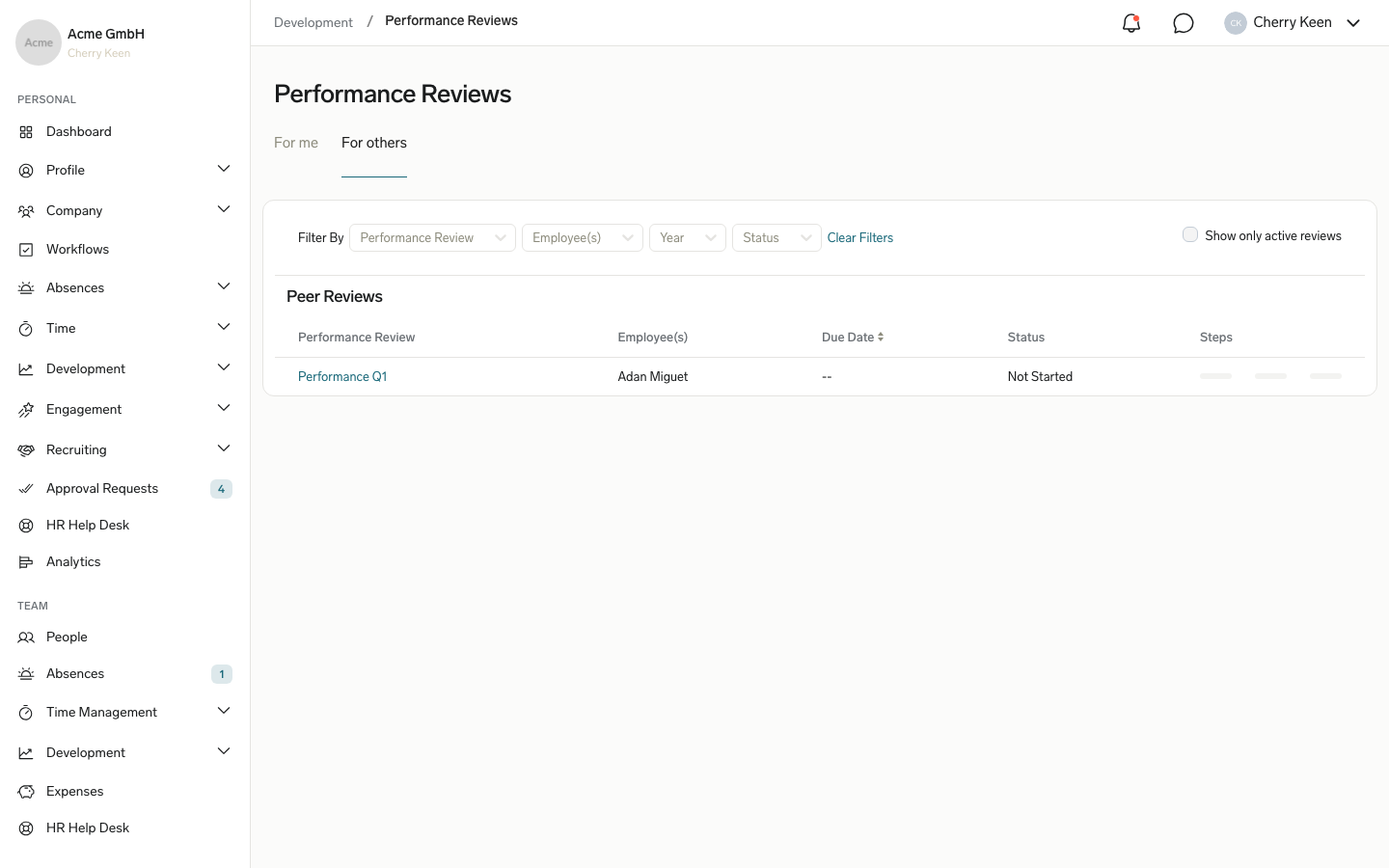 The Peer Reviews table on the For others tab of Performance Reviews