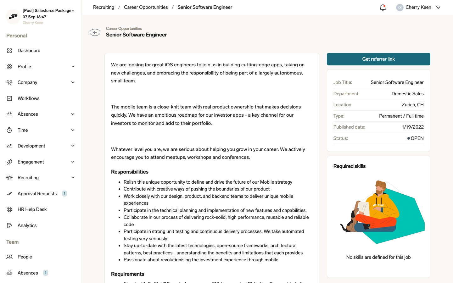 A job opened in the Employee Hub with the Get referrer link button