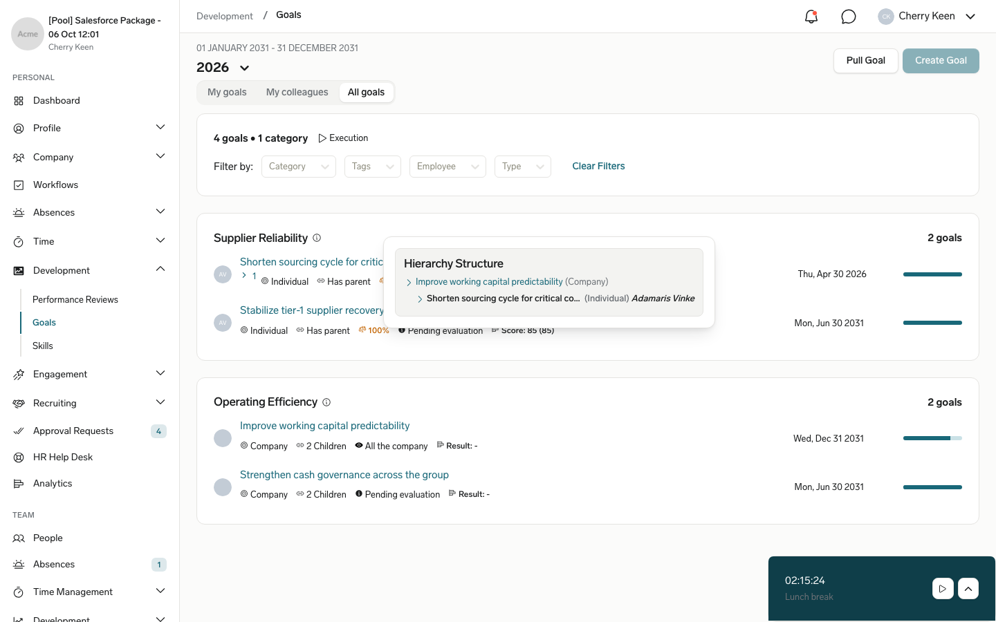 The Hierarchy Structure popover on the goal list, showing a company goal and the individual goal below it