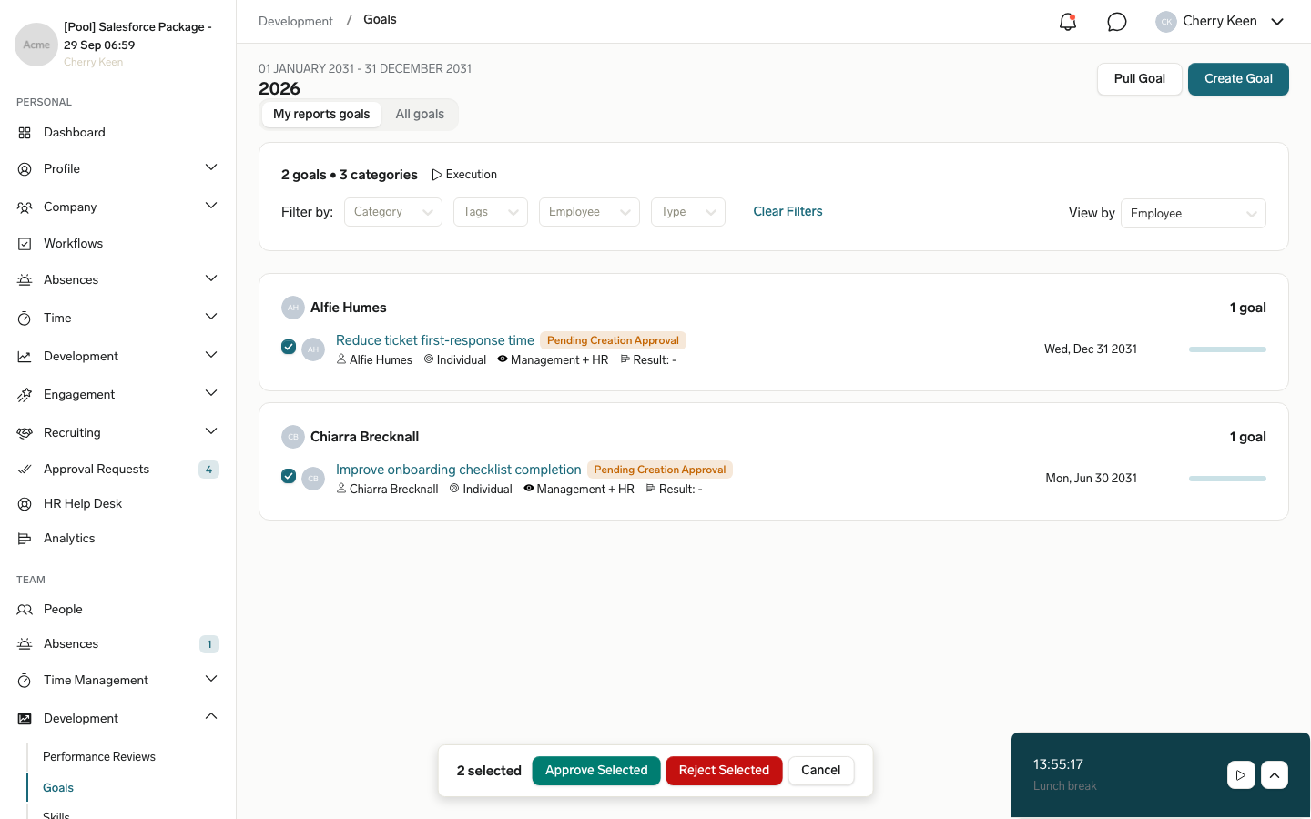 The Goals page in manager mode with two goals pending creation approval selected and the bulk approval bar showing Approve Selected and Reject Selected
