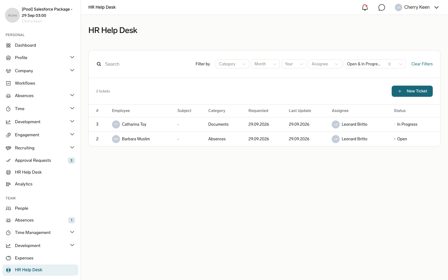 The manager view of HR Help Desk in the Employee Hub with open and in-progress tickets from team members