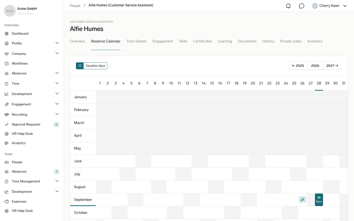 A team member's Absence Calendar in the Employee Hub, where a manager starts a new absence for the employee