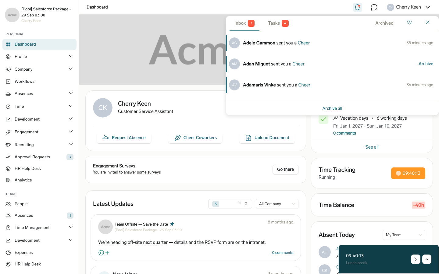 The notifications panel in the Employee Hub with Inbox, Tasks, and Archived tabs, an Archive button on the hovered notification, and Archive all