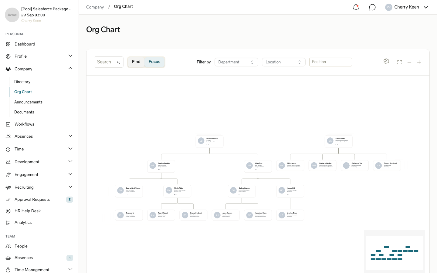 The Org Chart in the Employee Hub with the Filter by controls above the chart