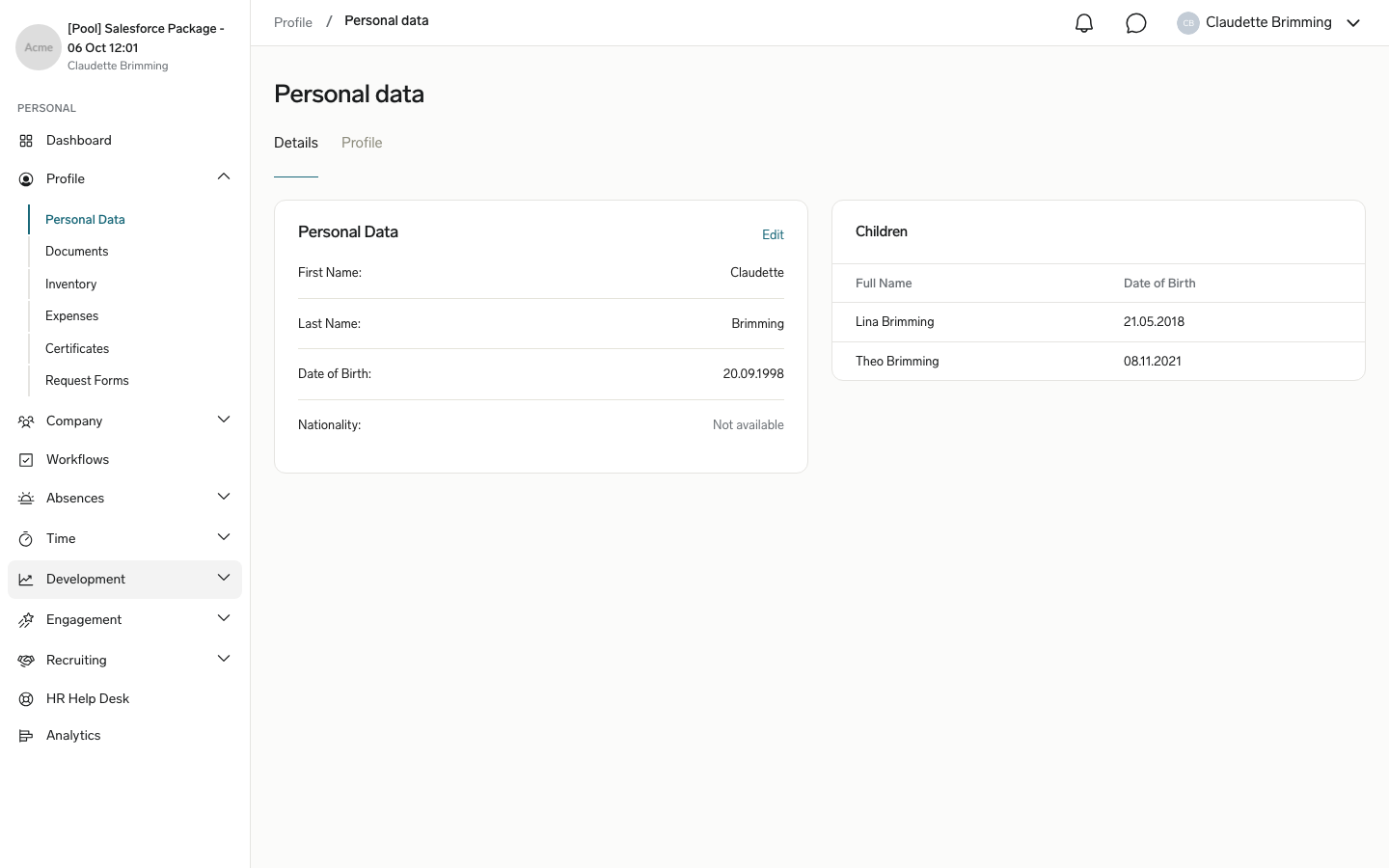 The Children card on an Employee Hub profile, listing two children with no Edit or add action