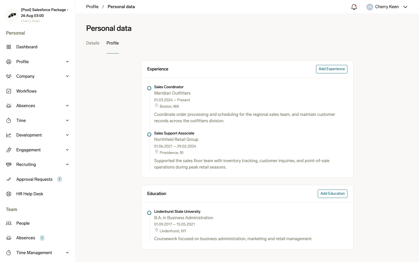The Employee Hub Profile tab listing work experience and education entries as timelines