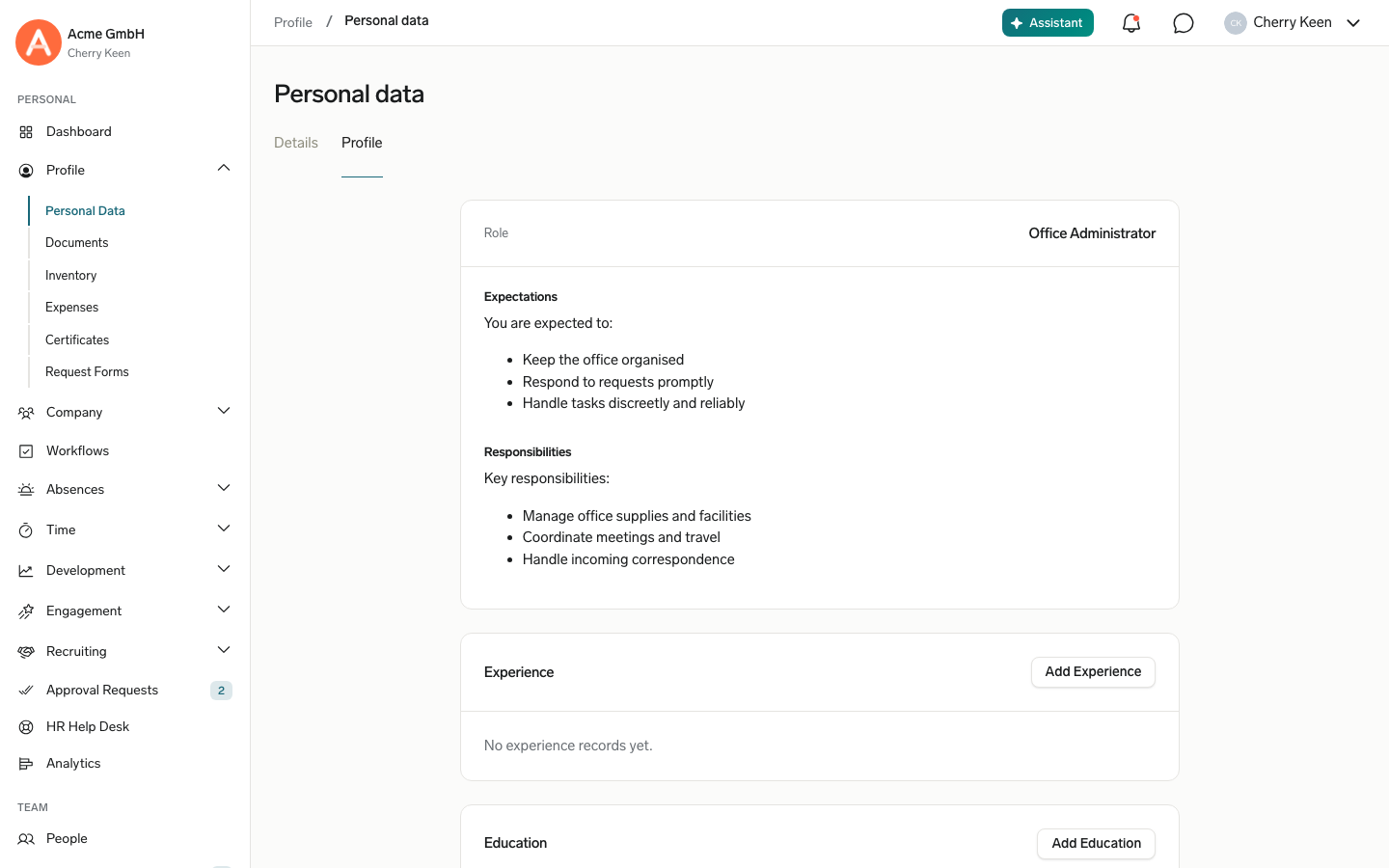 The Role card on the Employee Hub Profile tab with the role's expectations and responsibilities