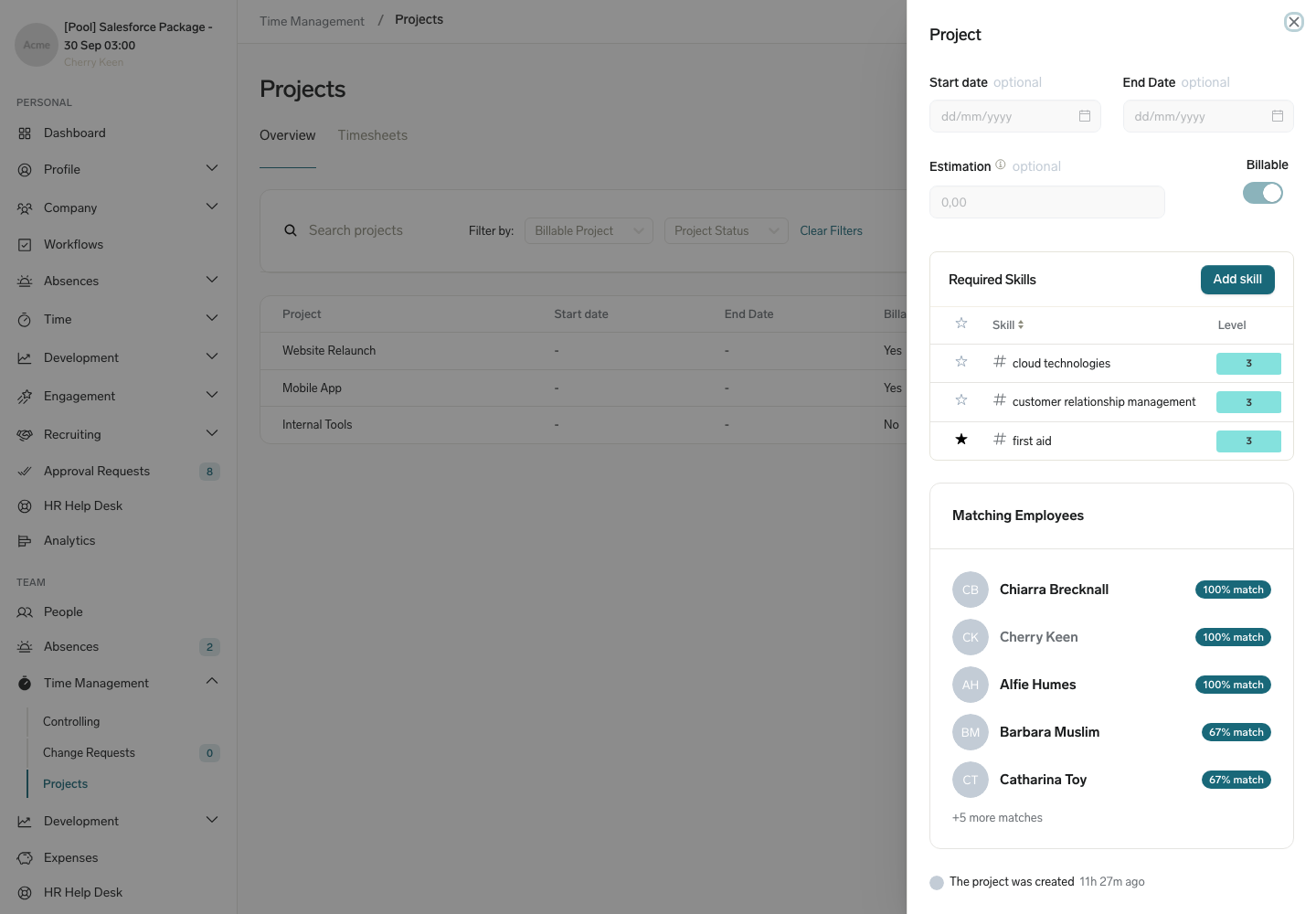 The project detail sidebar in the Employee Hub with Required Skills and the Matching Employees card showing match percentage badges