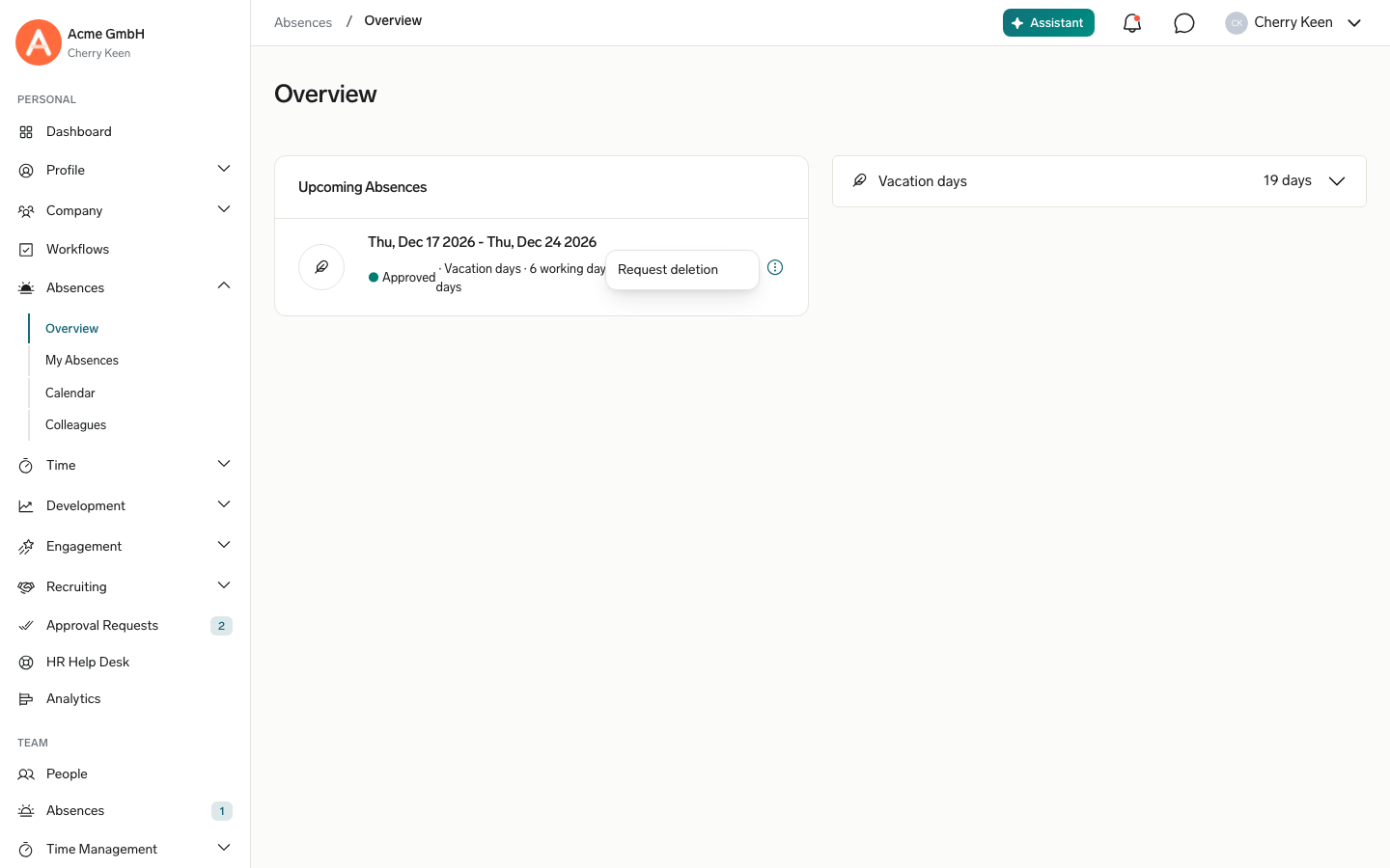 The three-dot menu on an approved upcoming absence in the Employee Hub, open on the Request deletion action