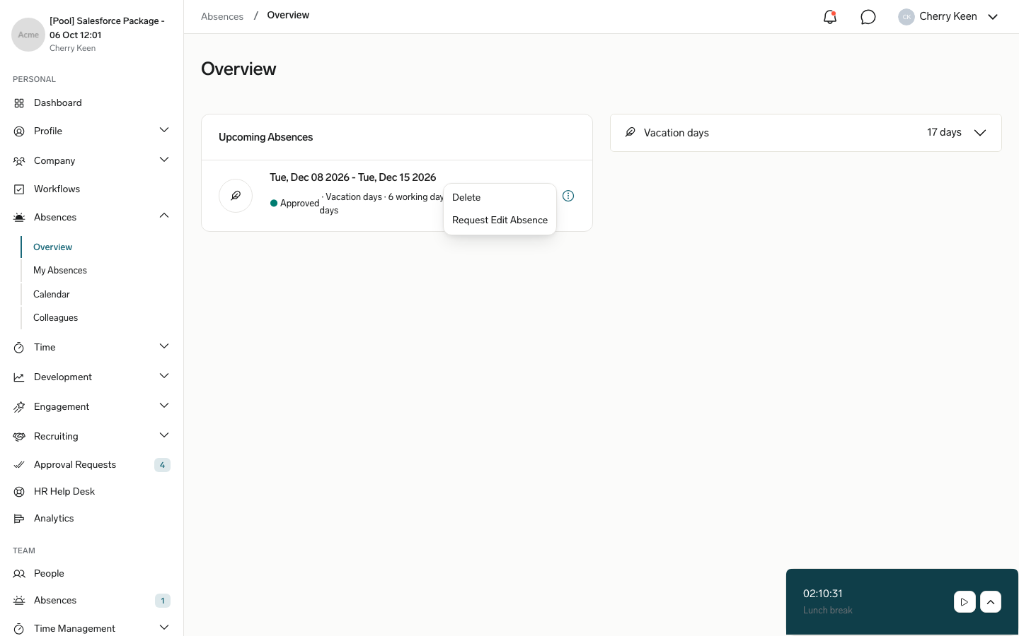 The three-dot menu on an upcoming absence in the Employee Hub, open on the Request Edit Absence action