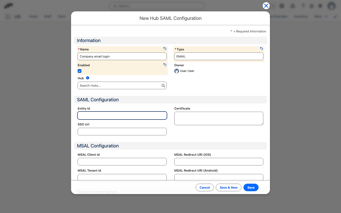 The New Hub SAML Configuration form with Name set to Company email login, Type set to EMAIL, and Enabled selected