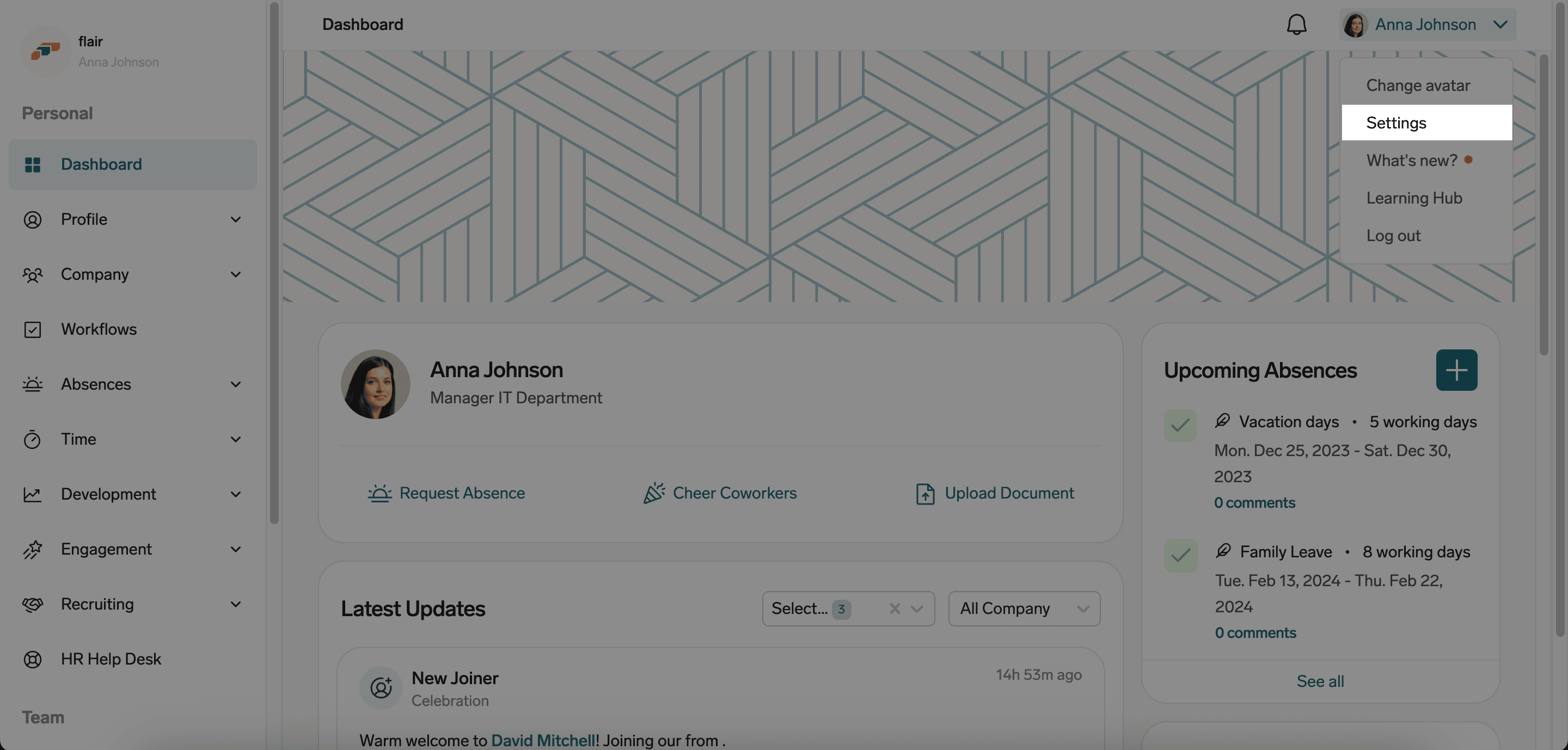 Settings option in the Employee Hub profile menu