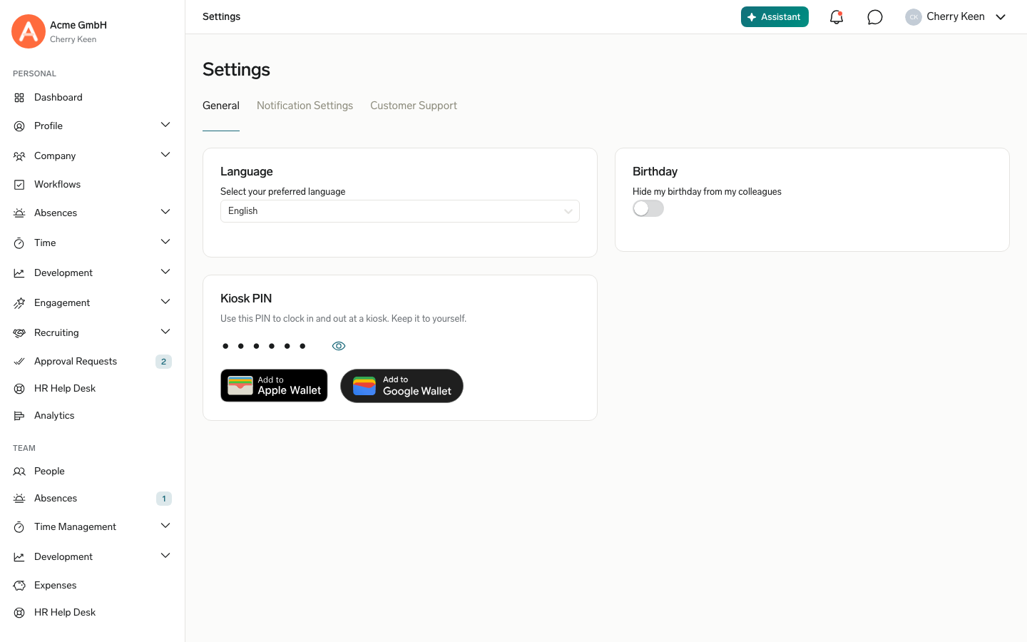 The Kiosk PIN card in Employee Hub Settings with the masked PIN, the Show PIN icon, and the Add to Apple Wallet and Add to Google Wallet badges