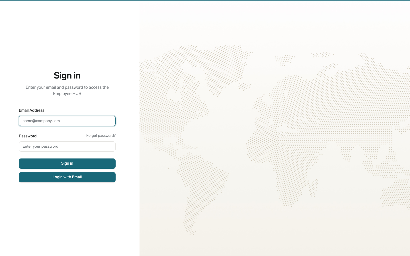The Employee Hub sign-in page with the email and password fields and the Login with Email option