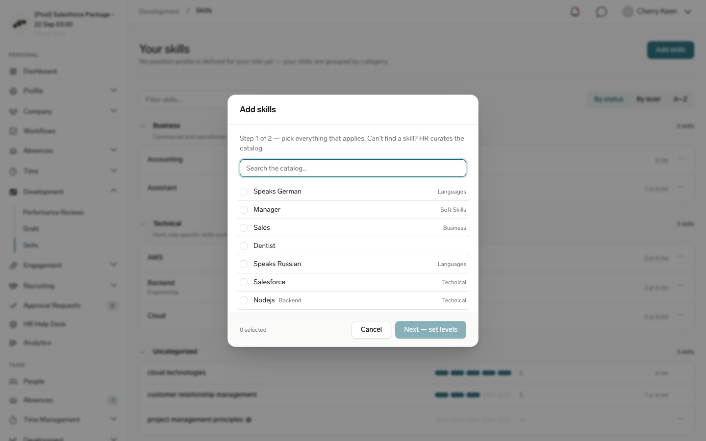 The Add skills dialog in the Employee Hub, showing step 1 of 2 with the catalog search and selected skills
