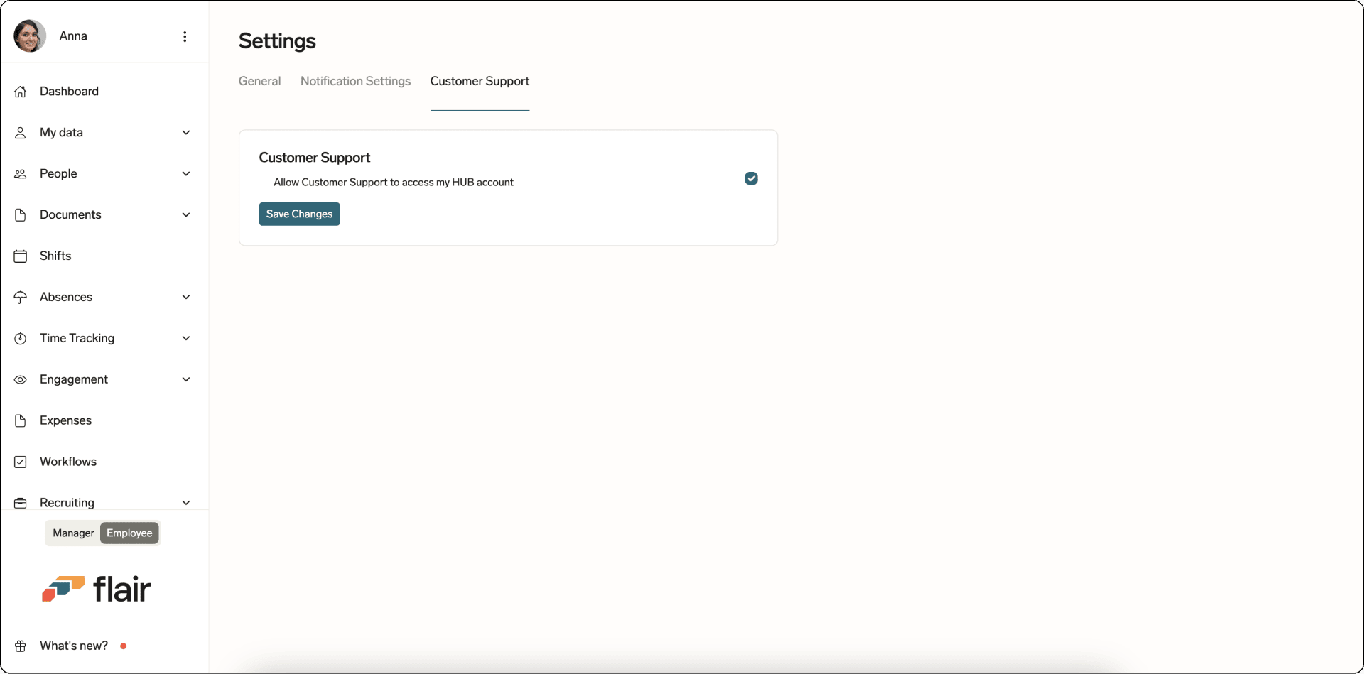 Customer Support access setting in the Employee Hub