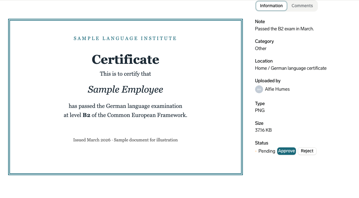 A team member's pending document open in the Employee Hub, with Approve and Reject next to Status on the Information tab