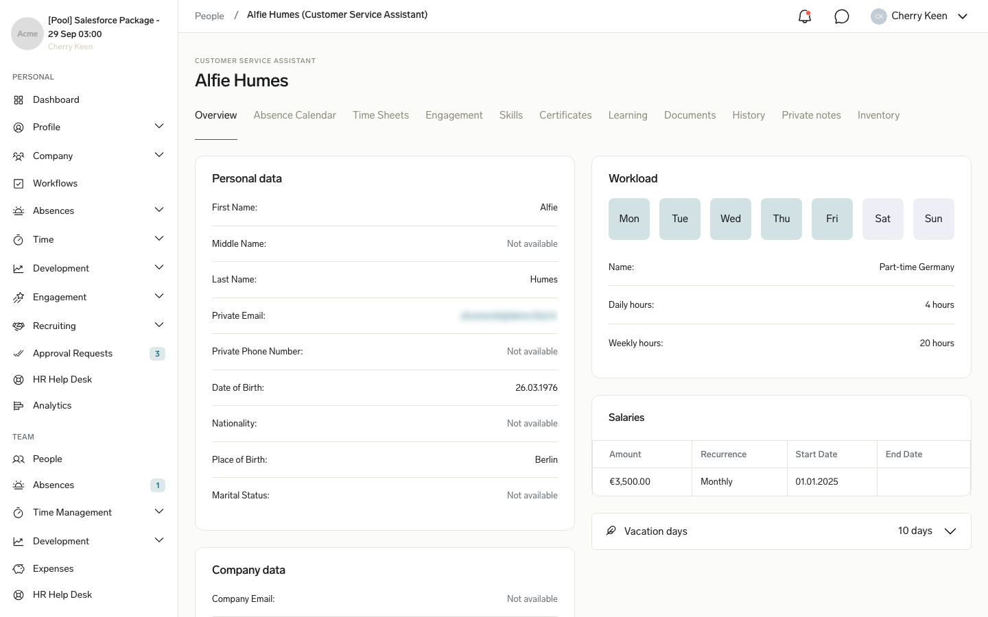 A team member's Overview tab in the Employee Hub with personal data and the Workload and Salaries cards
