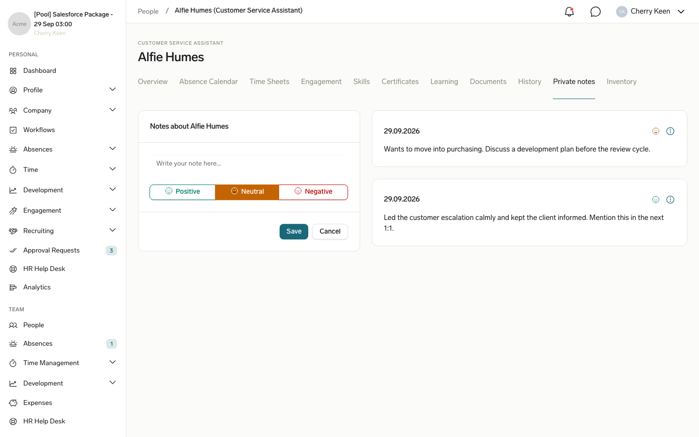 The Private notes tab of a team member in the Employee Hub with the note form and two saved notes