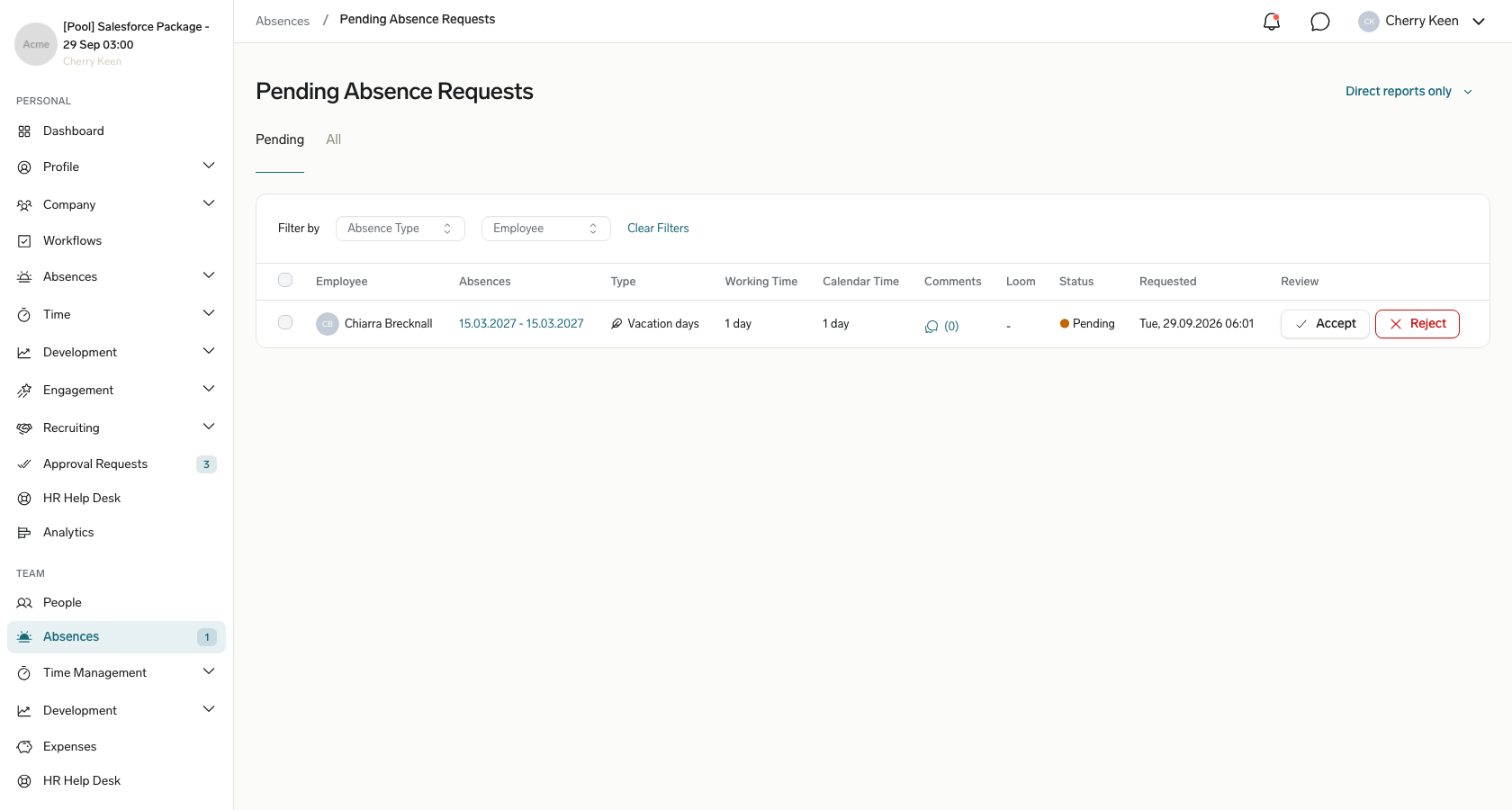 Pending absence requests for a manager's team in the Employee Hub with Accept and Reject actions