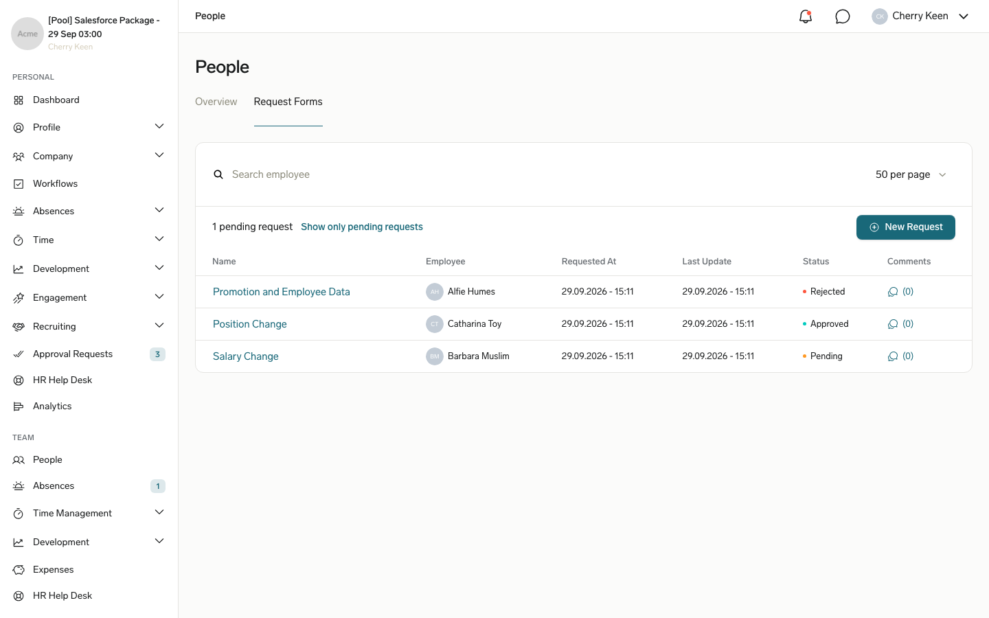 The Request Forms tab under People in the Employee Hub with pending, approved, and rejected change requests