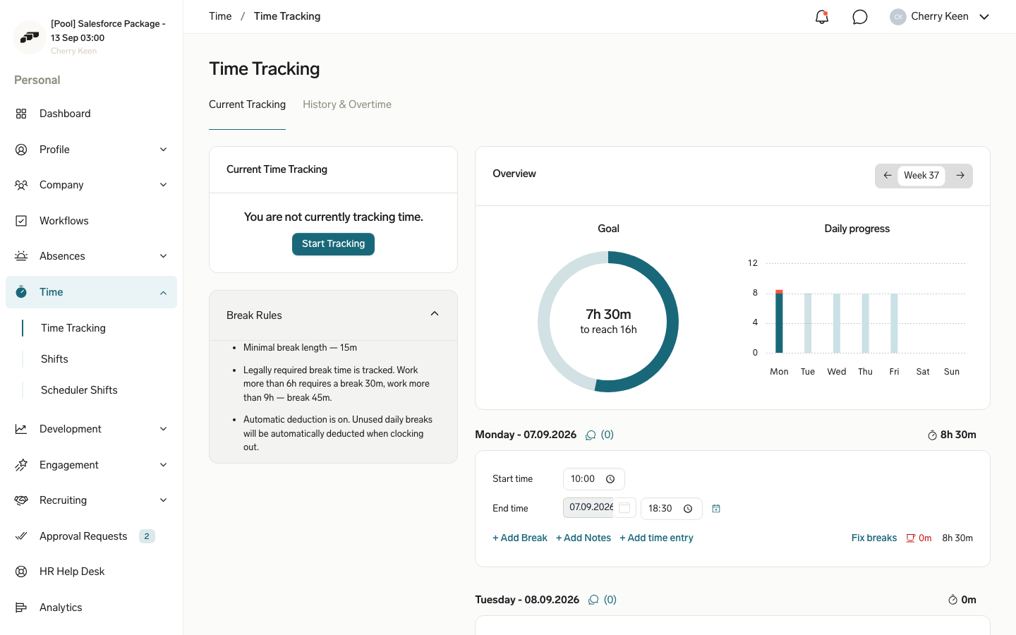 A time entry in the Employee Hub with Ends on a different day switched on and an end date picker next to the End time