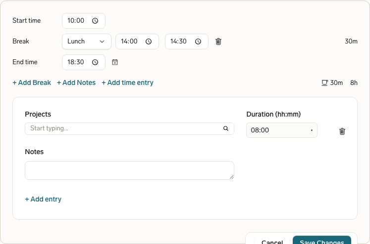 A time entry in the Employee Hub with project rows for linking its working time to projects
