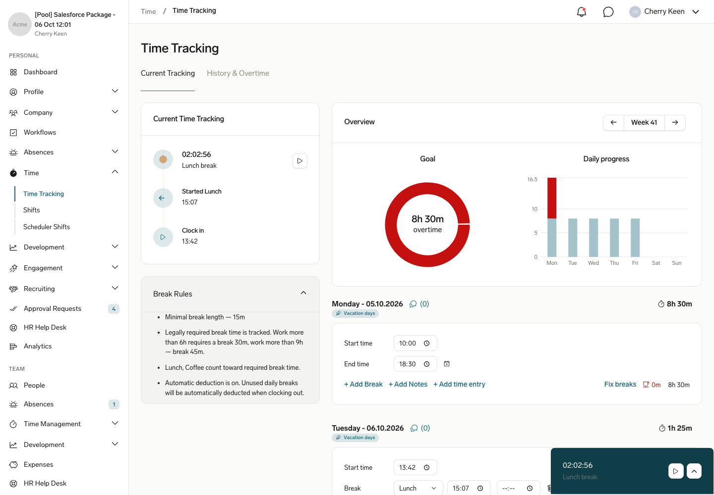 The Employee Hub time tracking page for the current week, with the tracker and a recorded time entry