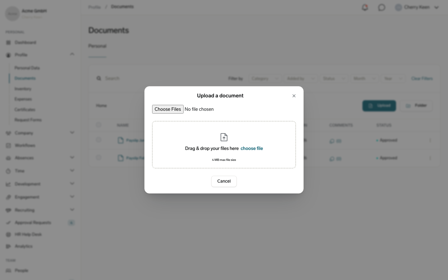Upload a document dialog with the drag-and-drop area for adding files