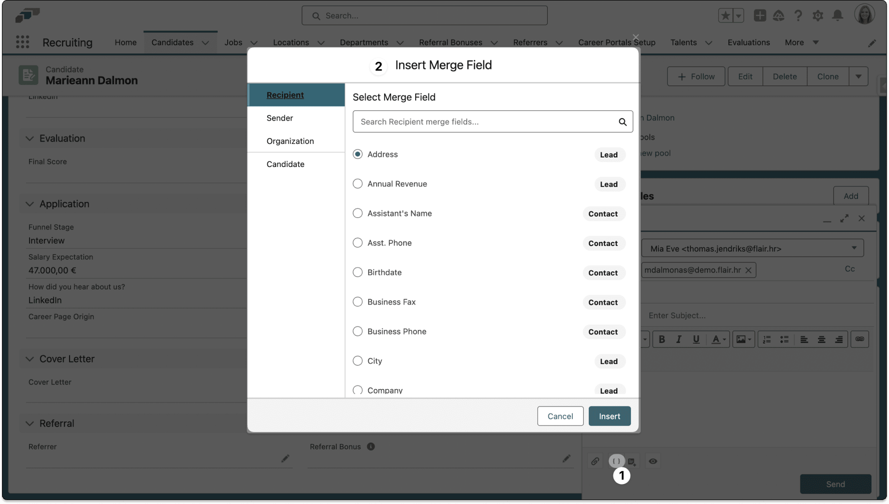 Merge Fields control in a candidate email