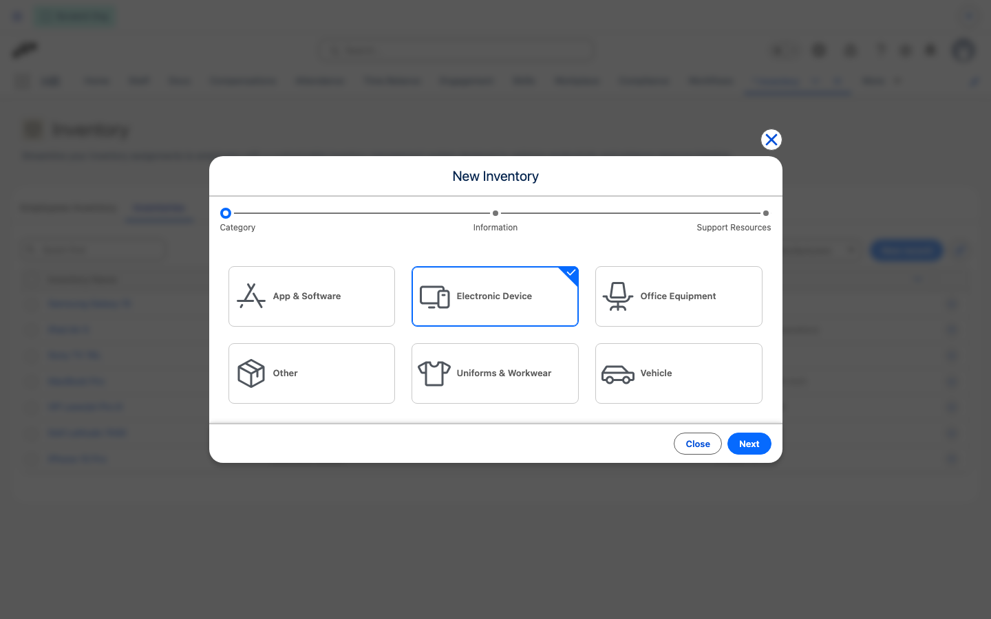 The New Inventory modal on the Category step with the App &amp; Software, Electronic Device, Office Equipment, Uniforms &amp; Workwear, Vehicle, and Other tiles
