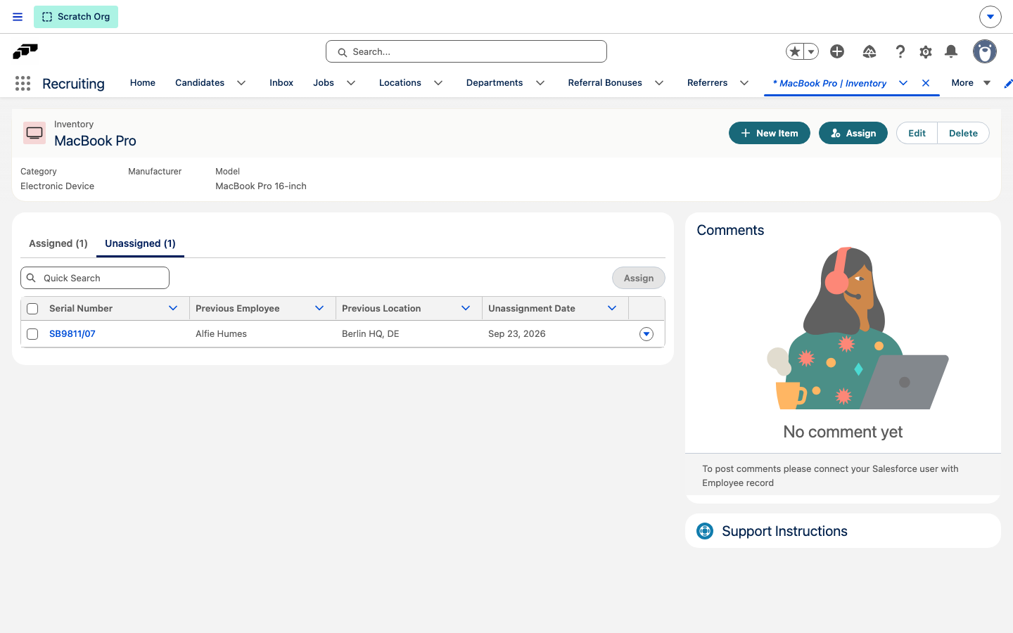 The Unassigned tab of an Inventory record with the Previous Employee, Previous Location, and Unassignment Date of an item