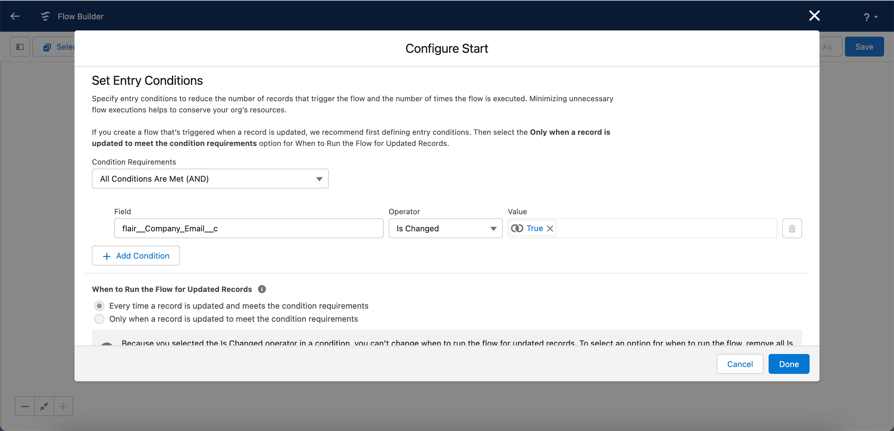 Company Email change conditions in Salesforce Flow Builder