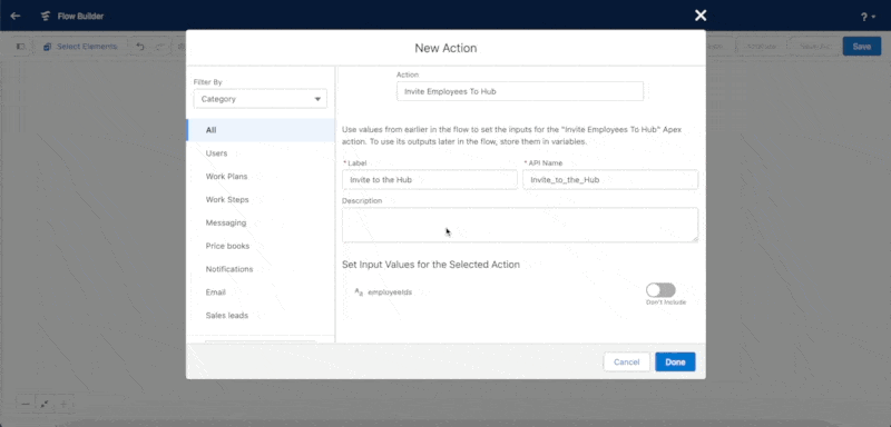 Invite Employee To Hub action configured with the Employee record ID