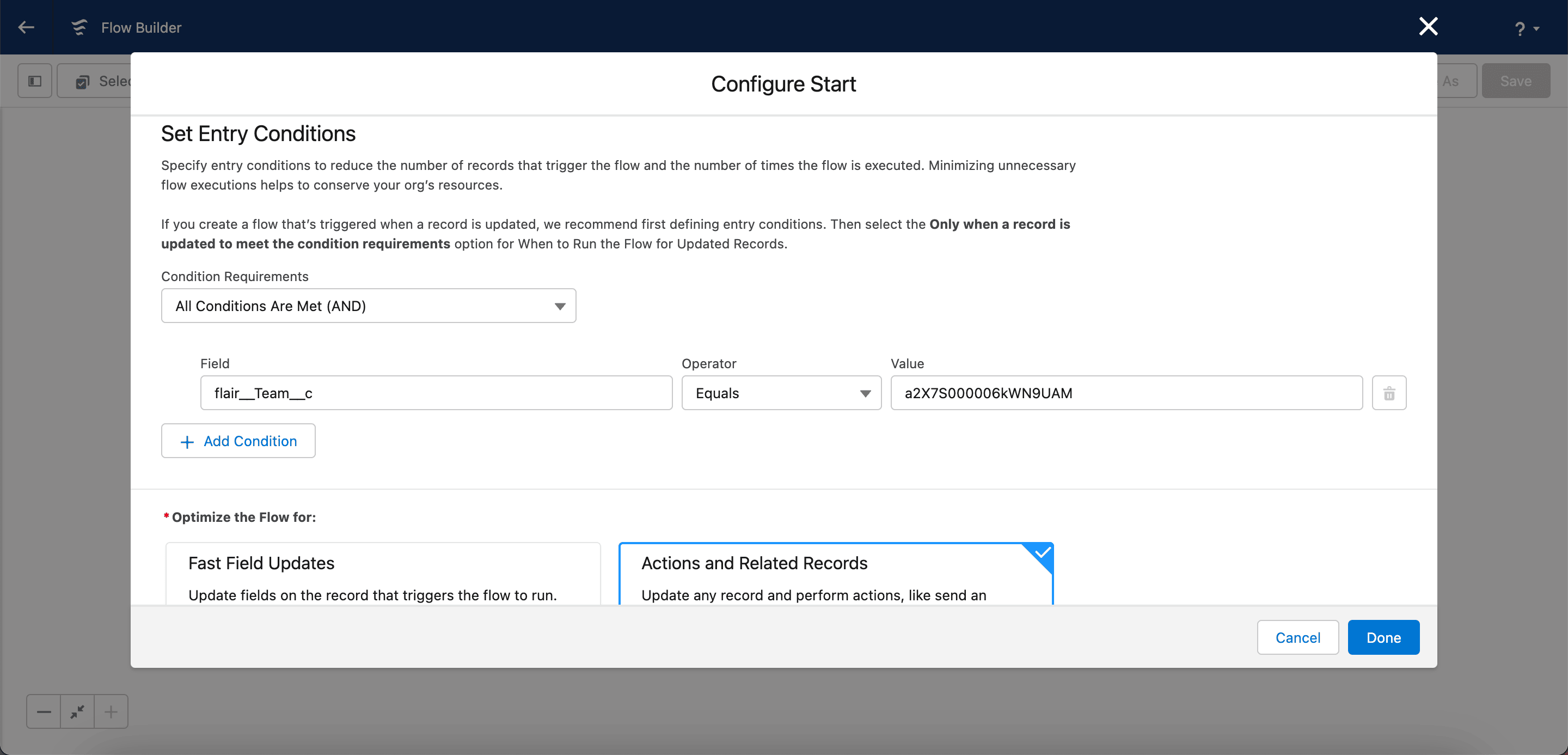 Start element configured with a Team ID